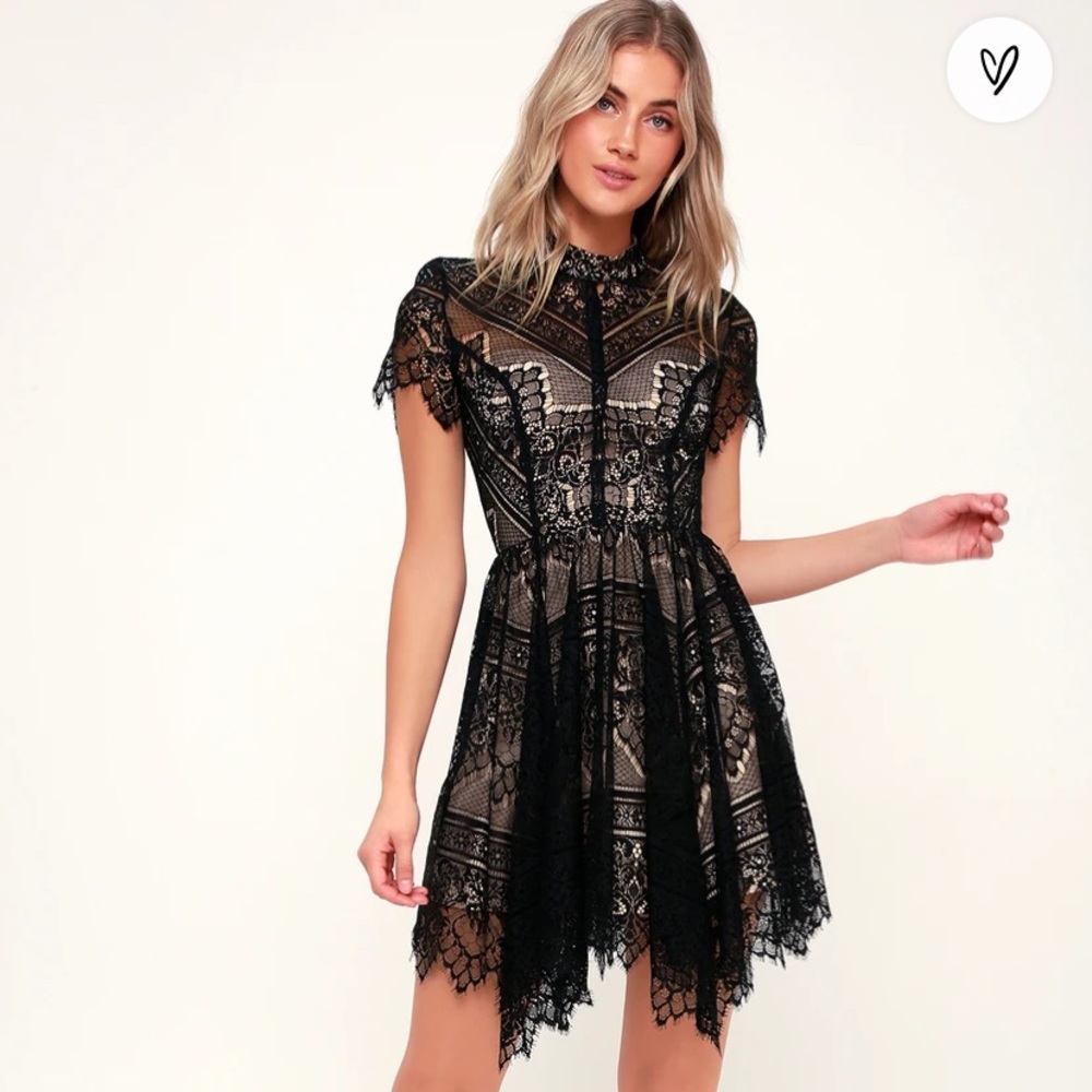 Lulu’s Ryse the Label Katie Black and Nude Lace Short Sleeve Skater Dress - Picture 2 of 15